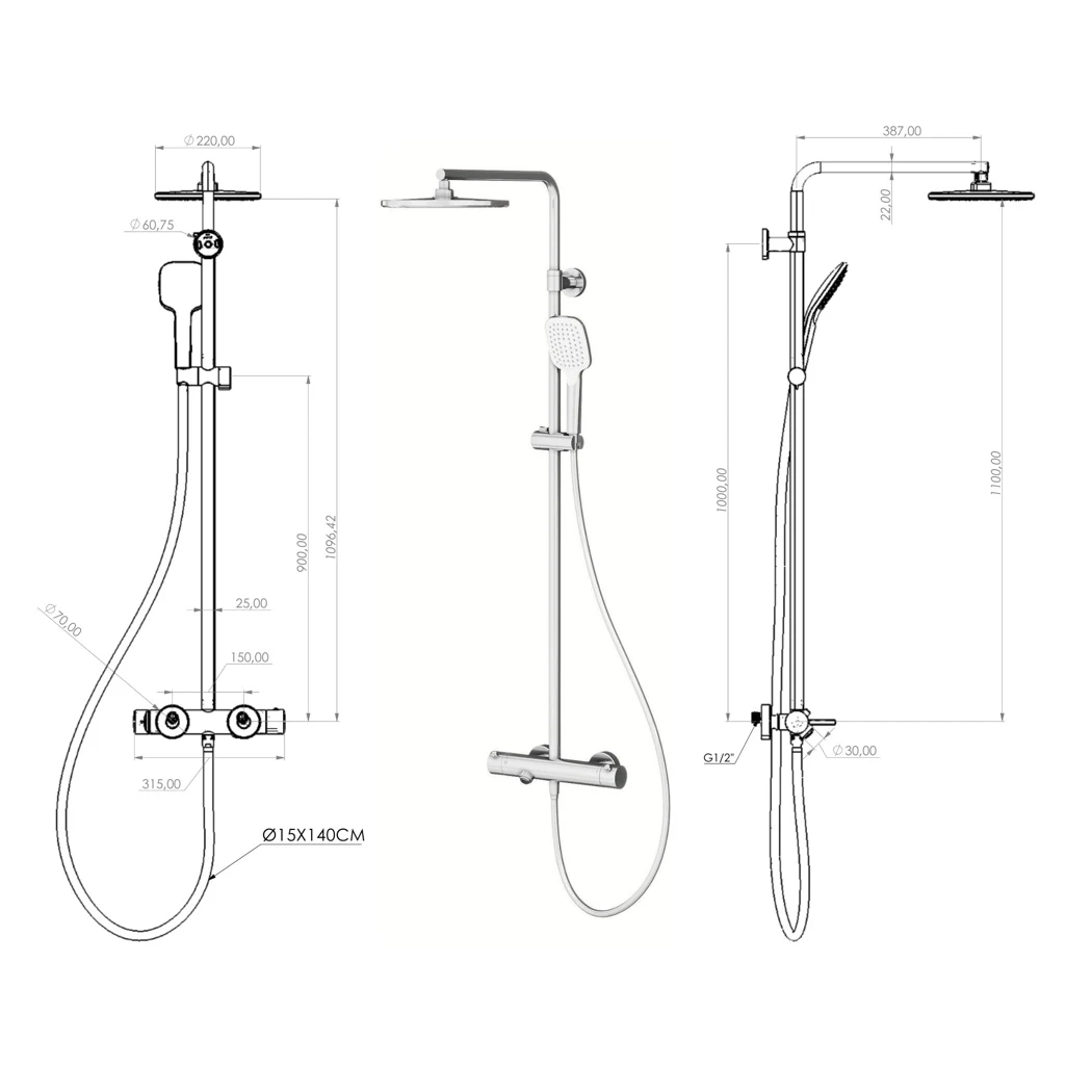 Estella 3 Yönlü Duş Kolonu Termostatik teknik çizimi