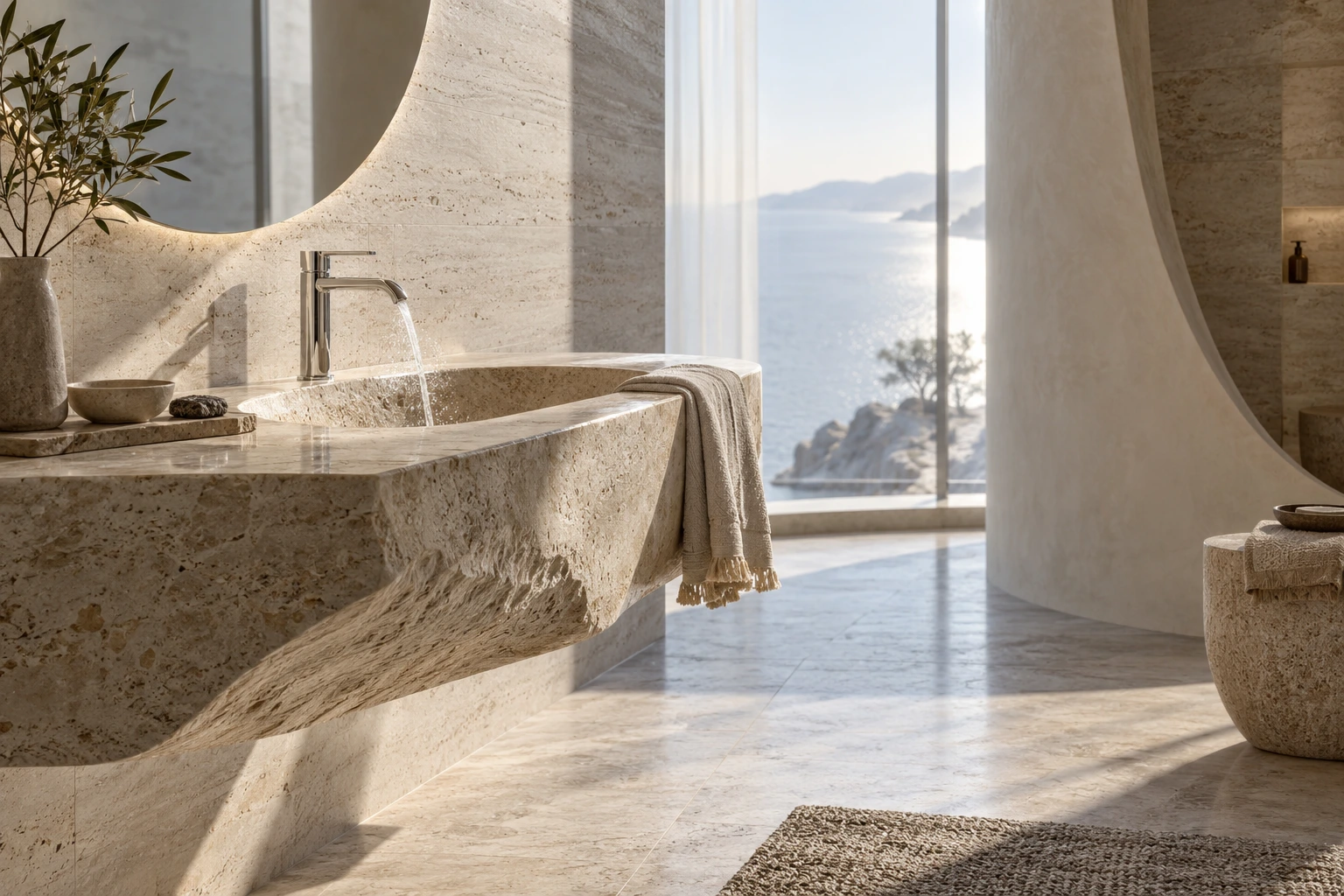 Doğal taş ve ışıkla tasarlanmış banyo ilhamı