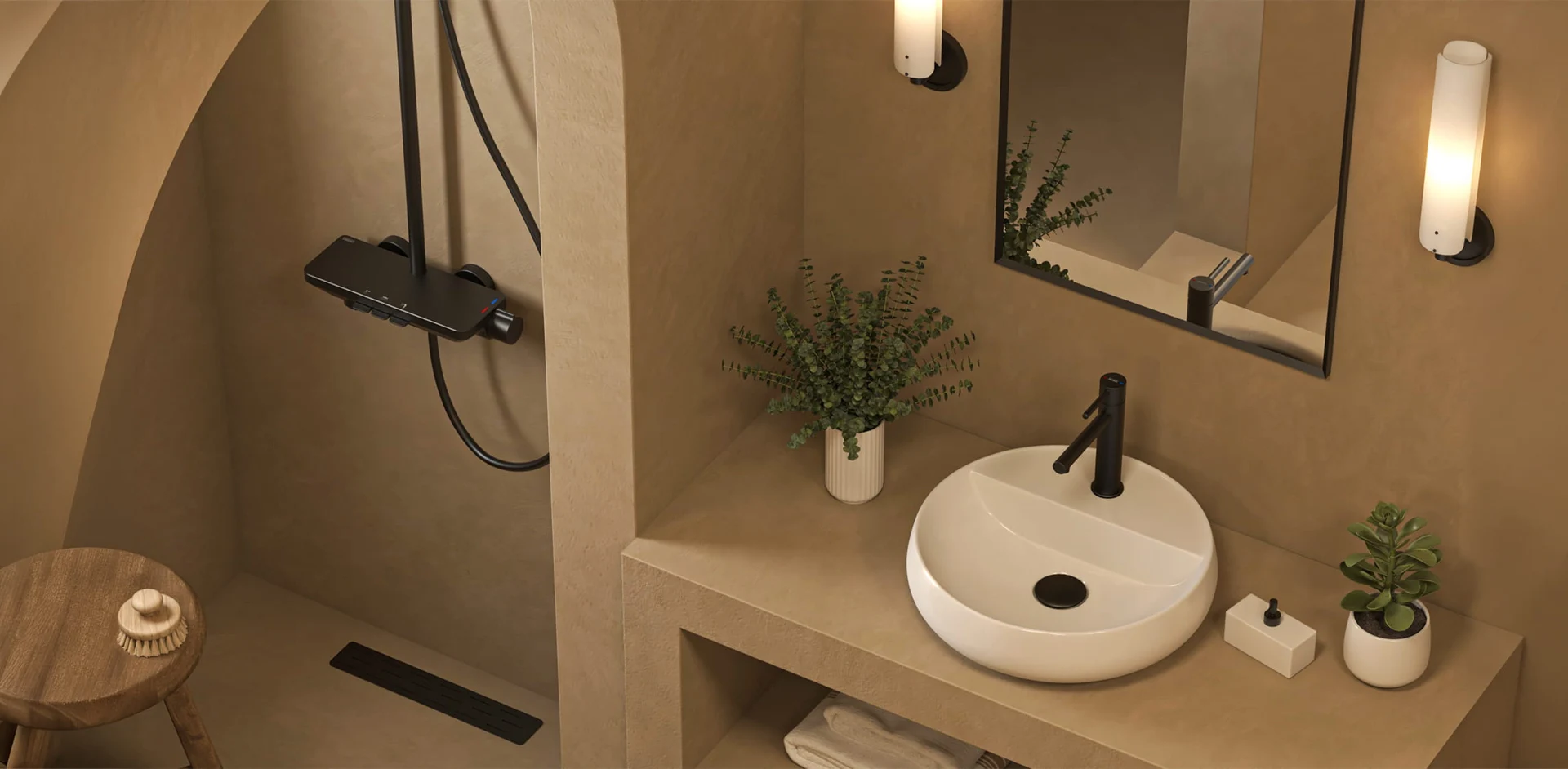 Siyah TESKA duş sistemi ve çanak lavabo bataryasıyla sıcak tonlarda banyo