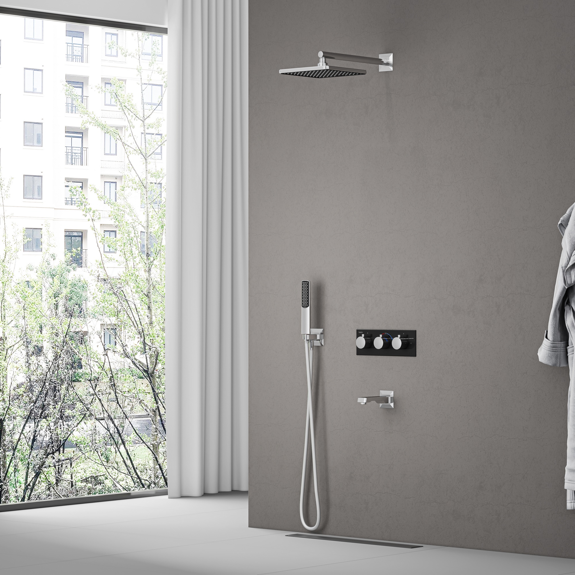 Lande 3 Yönlü Duş Batarya Seti Termostatik Krom Siyah Cam