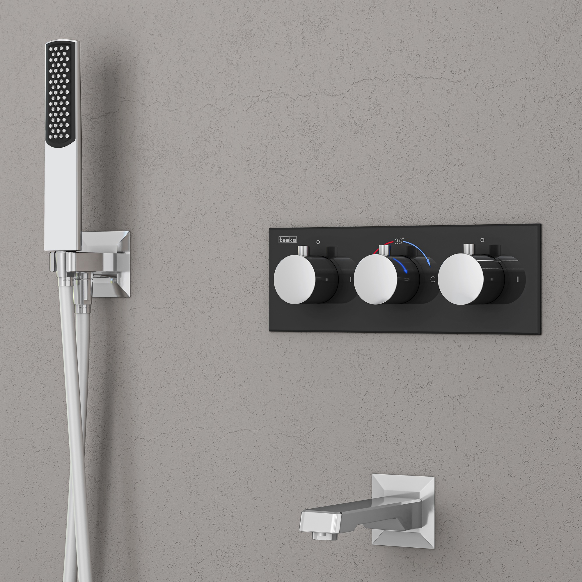 Lande 3 Yönlü Duş Batarya Seti Termostatik Krom Siyah Cam