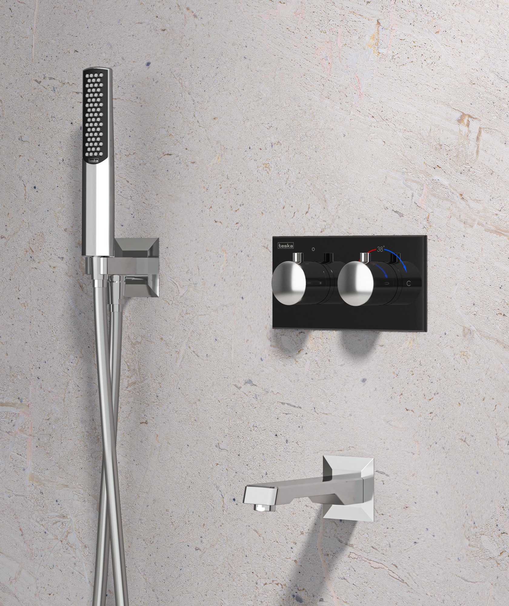 Teona 2 Yönlü Duş Batarya Seti Termostatik Krom Siyah Cam